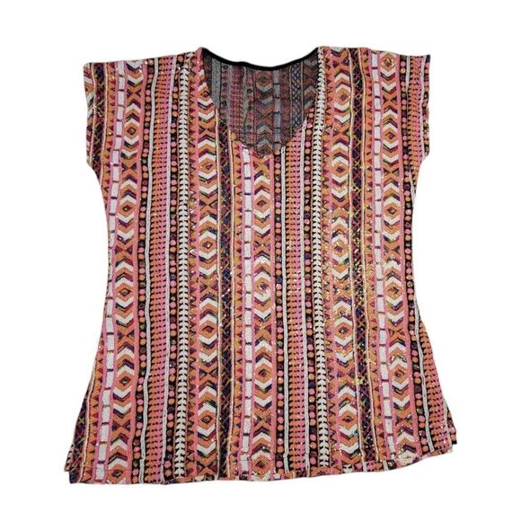 Sequin Mesh Vneck Top Shirt Colorful Pink Orange White Aztec Geometric - Picture 3 of 11